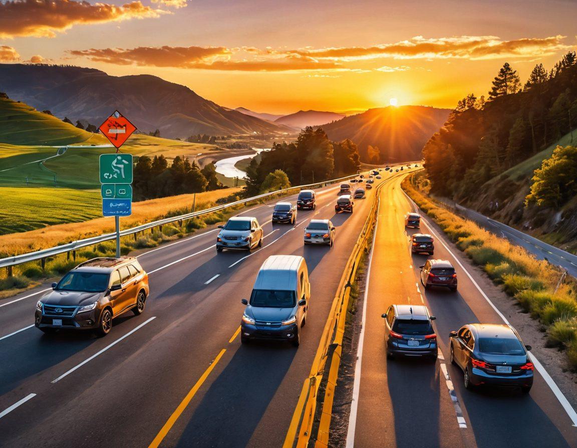 A scenic highway winding through picturesque landscapes, with diverse travelers in cars, on bicycles, and walking, all adhering to road safety rules. Include vibrant traffic signs, safety gear, and a smartphone displaying travel planning apps. The sun setting in the background adds a warm glow, evoking a sense of adventure and safety. super-realistic. vibrant colors.
