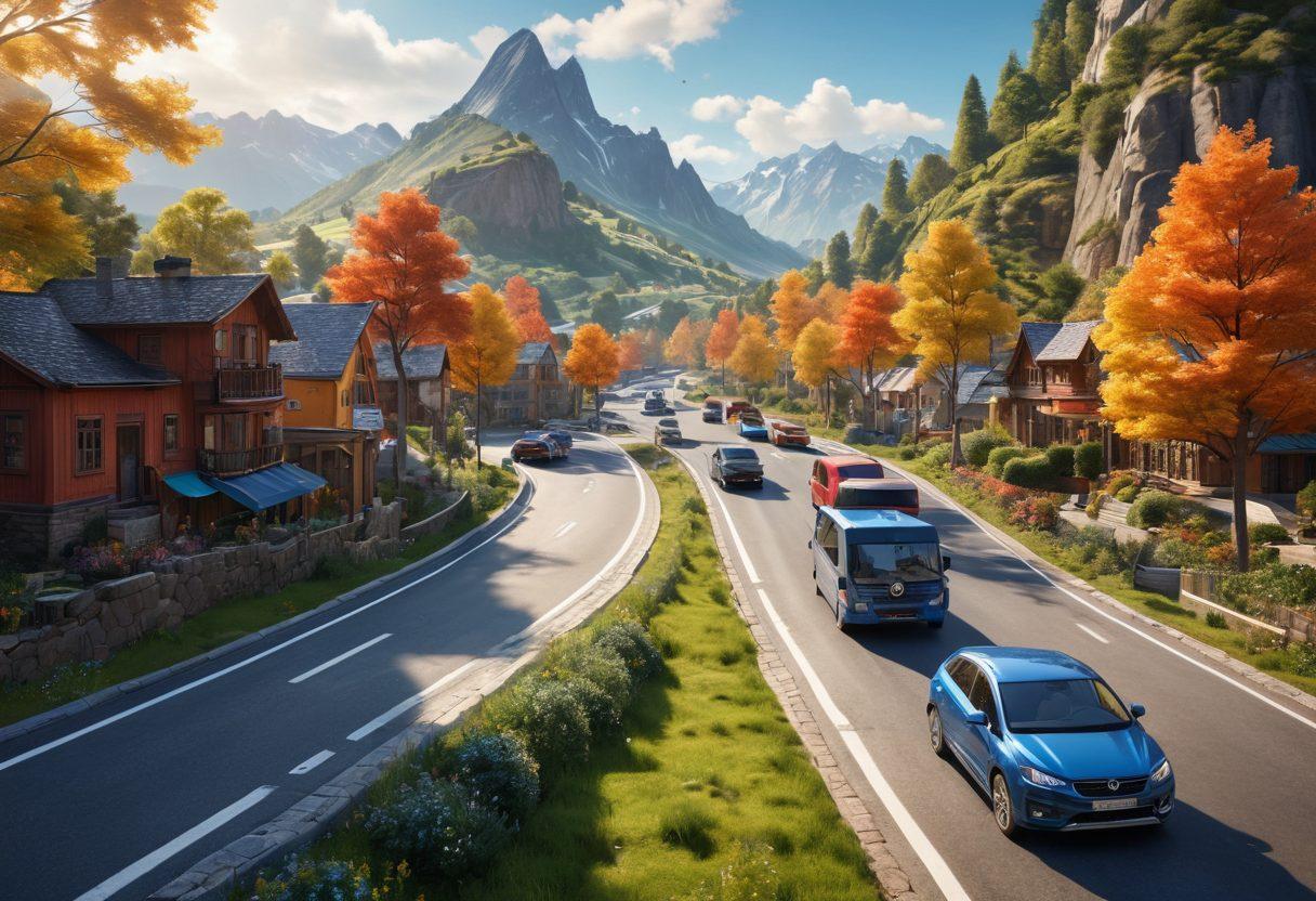 A dynamic road scene showcasing diverse travel pathways, including a winding mountain road, a bustling city street, and a serene countryside lane. Incorporate a variety of vehicles like cars, bicycles, and a motorcycle, with travelers of different backgrounds engaging joyfully. Include essential travel gear like maps and safety kits in the foreground. The atmosphere should feel vibrant and adventurous. super-realistic. vibrant colors. 3D.