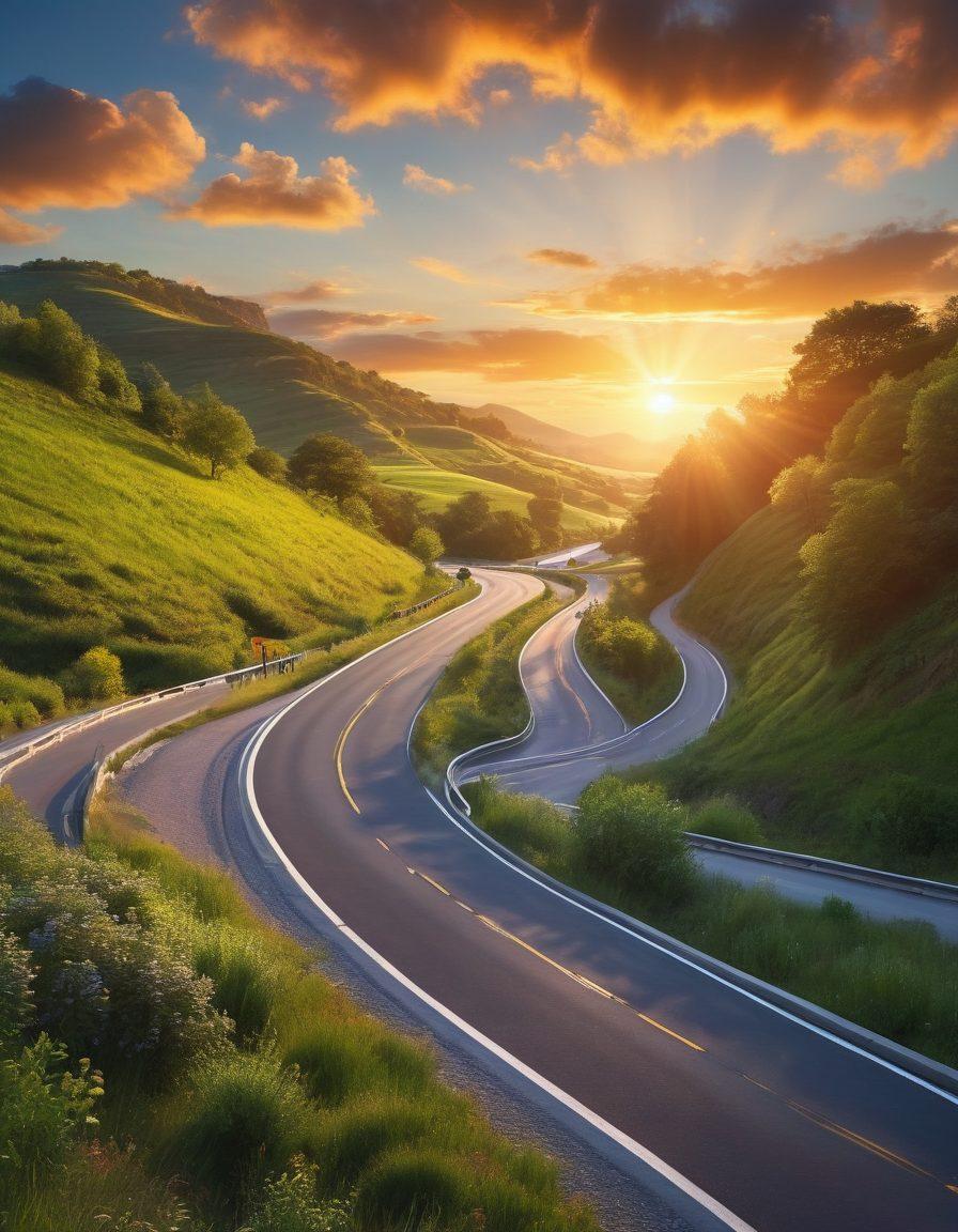 A scenic view showing a winding country road transitioning from a busy highway to a tranquil byway, highlighting a car practicing safe driving techniques. Include vibrant green landscapes, softly glowing street signs indicating speed limits, and friendly animals nearby, symbolizing safety. The sky should display a warm sunset to evoke a journey's warmth. super-realistic. vibrant colors. 3D.